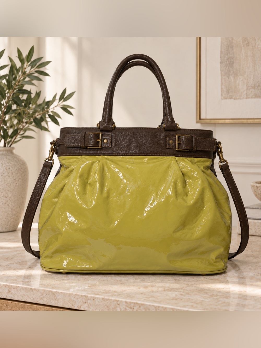 Worth Amanda Leek Green Patent Leather Satchel Shoulder Bag Brown Trim